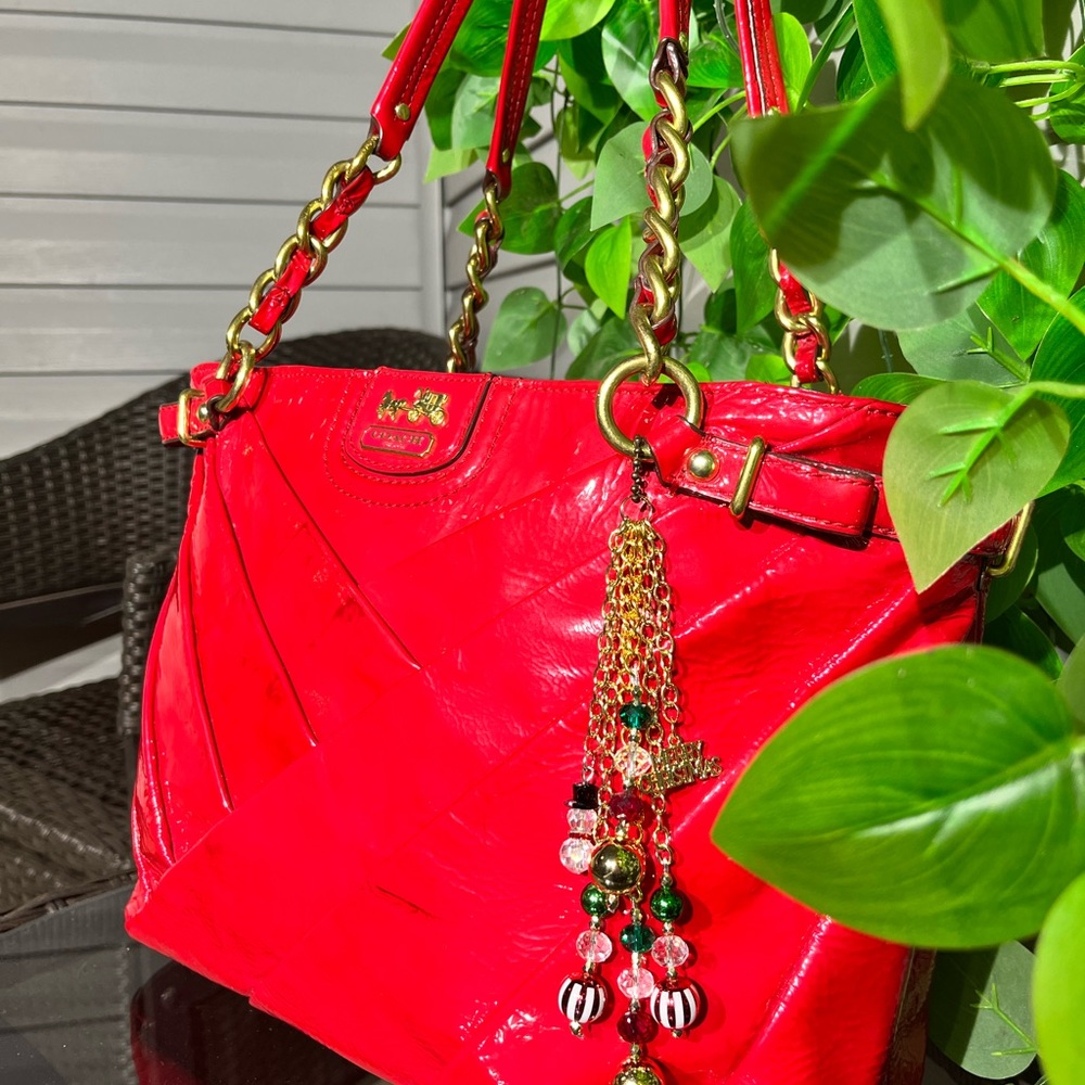 Bright Red Gathered Patent Leather Large Coach Purse W/Charm